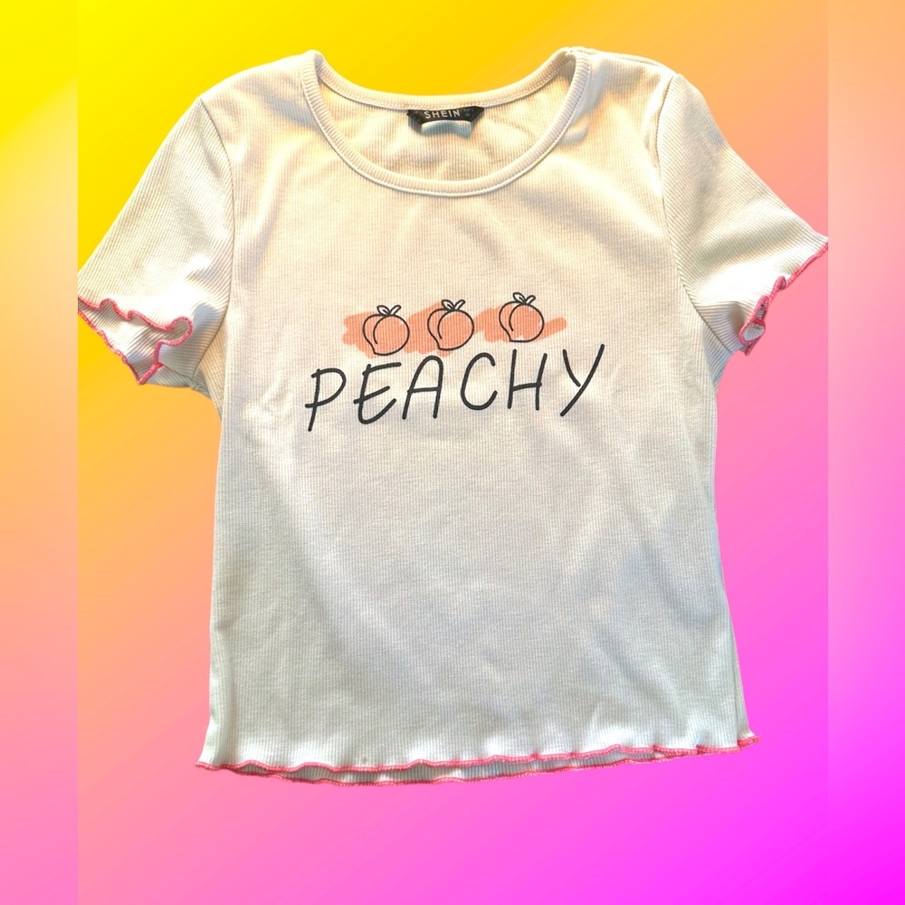 Small “Peachy” Cropped Short Sleeve T-Shirt with pink ruffled hem